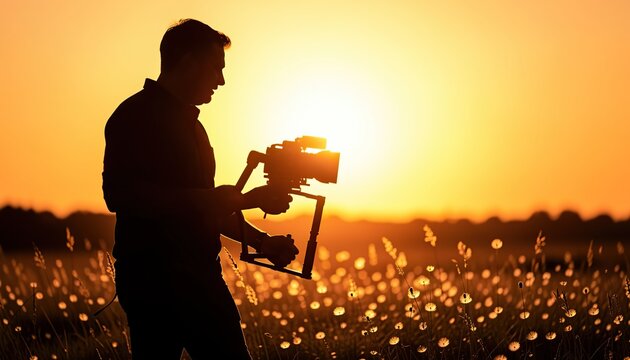 A silhouette of a filmmaker, viewed from the chest up, is captured mid-stride in the foreground, holding a camera gimbal rig with both hands, t