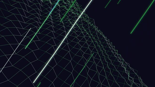 Futuristic digital landscape with neon lines and grid pattern, viewed from a futuristic perspective, showcasing technology and innovation.