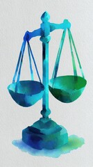 Pixelated Scales of Justice Illustration in Vibrant Blue and Green Tones on Neutral Background Symbolic Balance Fairness Textured Effect Artwork