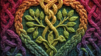 Rainbow Gradient Knitted Celtic Knot Tree Heart Tapestry in Warm Tones Intricate Texture Detailed Weave Craft Decorative Arts Background