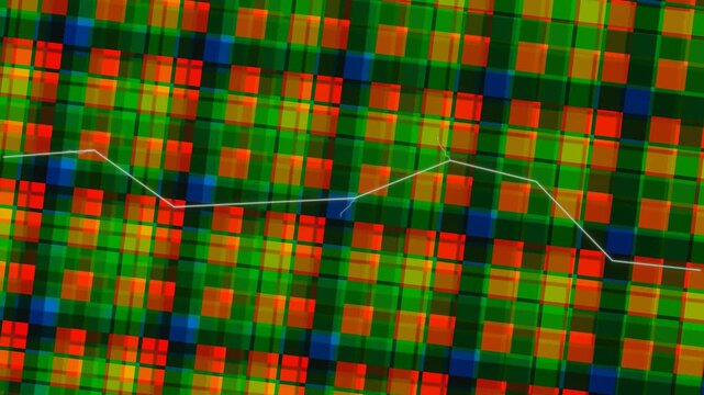 Vibrant tartan pattern with moire effect, abstract motion graphics, colorful grid design, dynamic visual effect