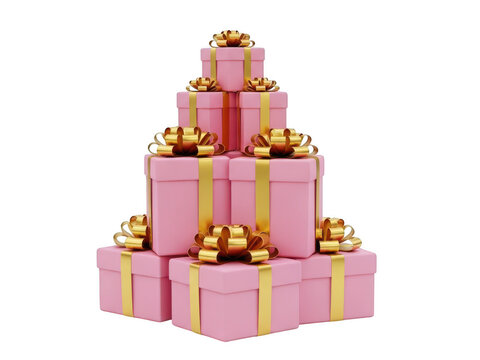 A stack of pink presents with gold bows and ribbons