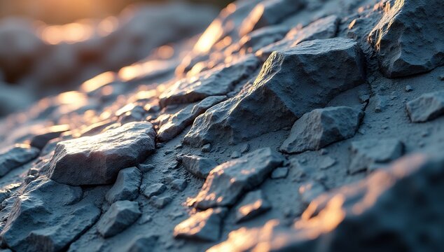 Close-up of Rough Rocky Surface Illuminated by Golden Hour Sunlight.