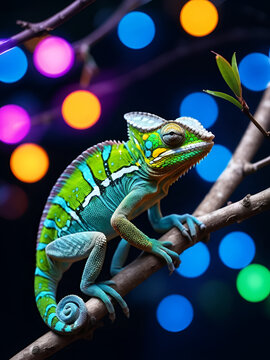Colorful Chameleon on Branch with Neon Lights.