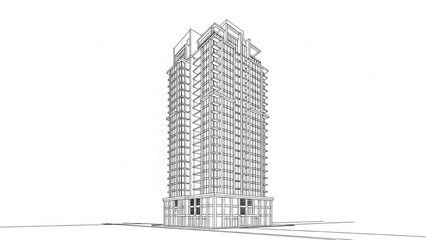Detailed Outline Drawing of a Contemporary Skyscraper Modern Urban Architectural Design Concept