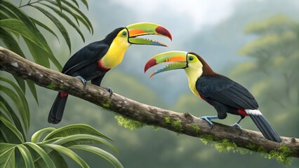 Fototapeta premium Toucans perched on a branch in the rainforest
