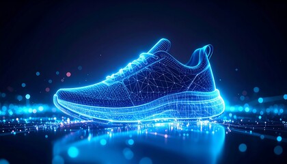 A vibrant, digital rendering of a running shoe glows with electric blue light. Its wireframe construction is set against a dark background