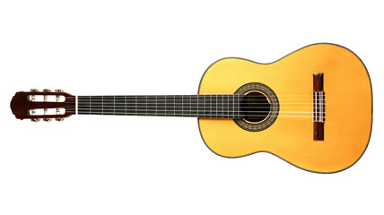 Obraz premium A classical acoustic wooden guitar with brown strings is a musical instrument object isolated on a white background for jazz or rock melody equipment