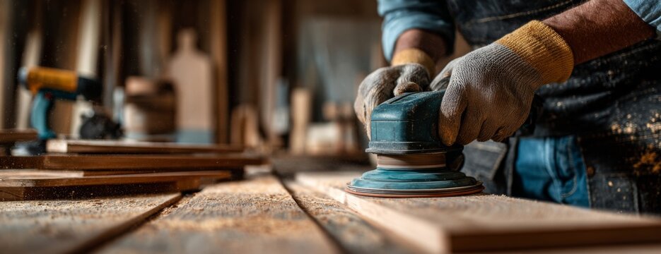 Craftsman sanding wood with electric sander in workshop setting  