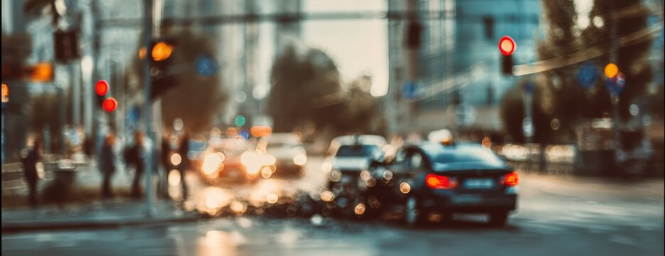 Car accident at city intersection with traffic lights and blurred background  