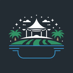 Vector illustration of a tropical island with a gazebo and palm trees © MdBillal