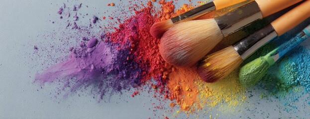 Obraz premium Makeup brushes with colorful powder splashes on gray background 