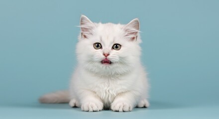 Obraz premium Adorable white kitten with tongue out on light blue background