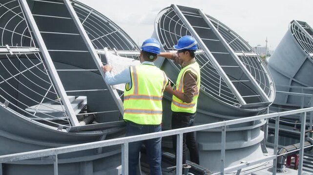 Two construction engineers in safety gear examine industrial HVAC units on rooftop, pointing and discussing project progress and setup.