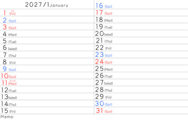 2027年シンプルカレンター　1月　曜日英語