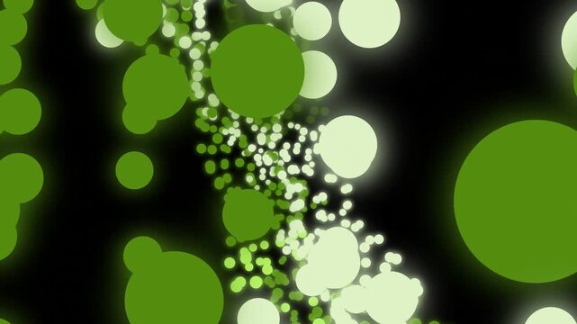 Vibrant green spheres cascade in a futuristic digital landscape viewed from a dynamic aerial perspective