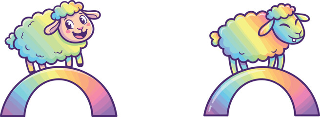 Obraz premium Cute Rainbow Sheep On Colorful Arch, Pastel Cartoon Vector Illustration