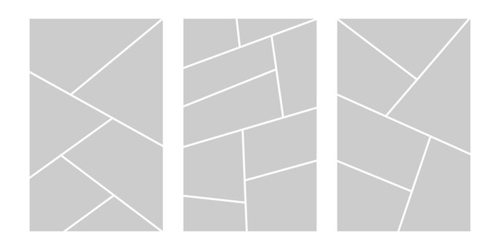 Image collage layout template. Grey mosaic mood board grid collection. Picture frame set. Photo album idea for banner, poster, comic page, flyer, brochure, booklet, memory wall design. Vector pack