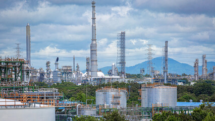 Landscape view of a large oil refinery and chemical plant under the open sky,