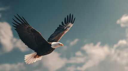 Obraz premium Bald eagle soaring in clear sky with clouds, majestic bird in flight