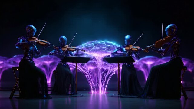 Futuristic Robotic Quartet Performing Ethereal Music Amidst Vibrant Light Waves Creating an Otherworldly Atmosphere of Harmony and Innovation