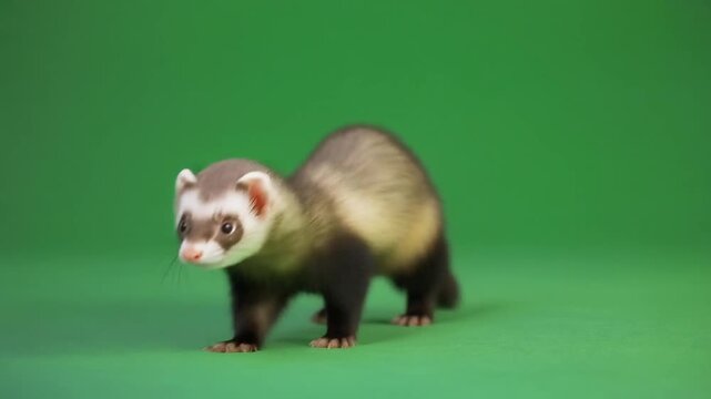 Detailed Ferret greenscreen wildlife mammal cute playful fur isolated alpha transparent keying background studio clip overlay compositing stock asset for creative media production