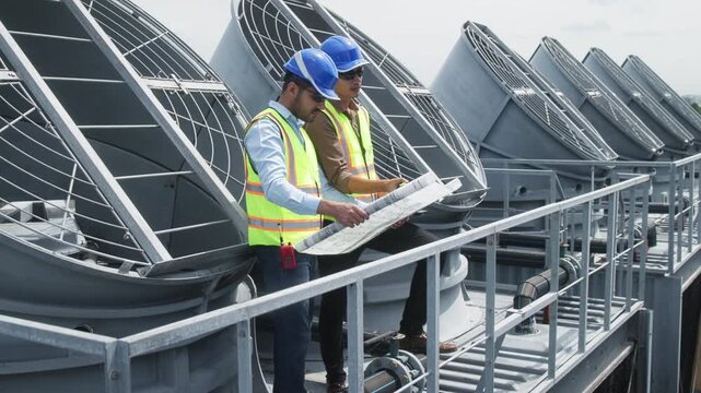 Two construction engineers in safety gear examine industrial HVAC units on rooftop, pointing and discussing project progress and setup.