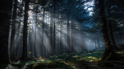 Fototapeta premium Sun Rays Filtering Through Tall Trees in a Lush Green Forest with a Clear Blue Sky Visible Through the Canopy in Atmospheric Lighting
