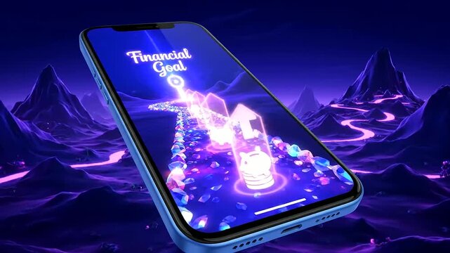 Financial wellness apps empower users with digital tools, visualizing the exciting path to achieving personal financial goals in a futuristic landscape.
