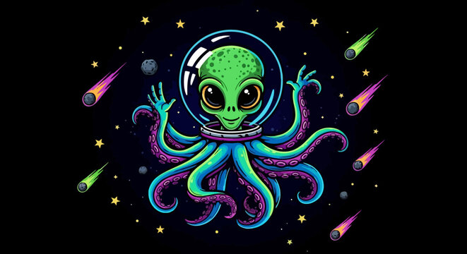 Cute cartoon alien octopus in a space helmet floating in the cosmos.