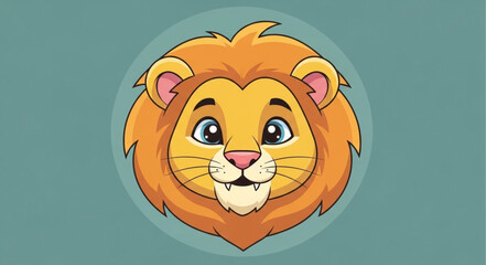 Cute cartoon lion face with a big mane and blue eyes. © Tata