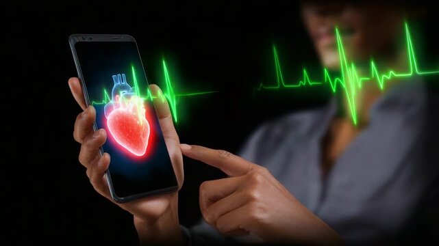 A person interacting with a smartphone displaying a glowing heart illustration, emphasizing health, technology, and digital monitoring in a low-light setting.