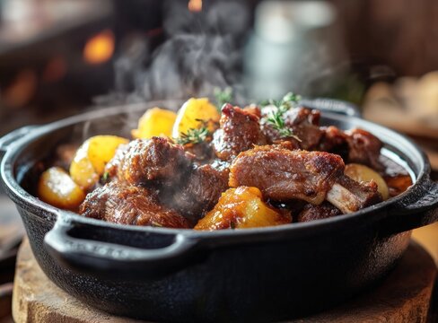 Hearty stew with tender meat and potatoes, steaming
