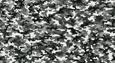A seamless pattern of gray, white, black camouflage, perfect for military or urban wear designs. The camo design is dense with intricate details, creating an eye-catching effect on the fabric