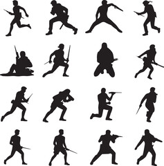 set of black silhouettes of men with weapons in various combat poses