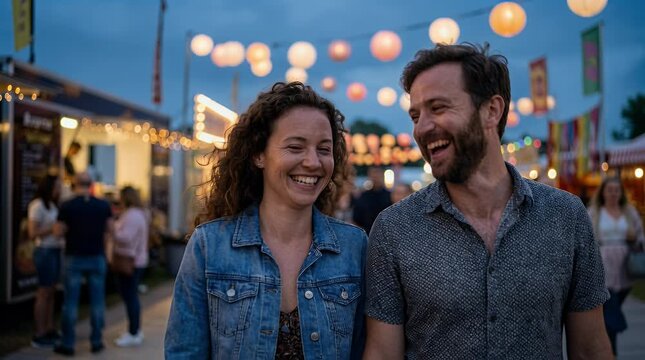Couple laughing and walking outdoors with string lights
