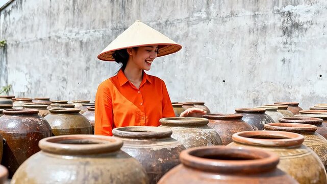 Woman in hat with clay pots