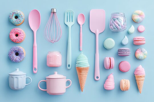 Pastel confectionery and baking tools arranged in a delightful flat lay.