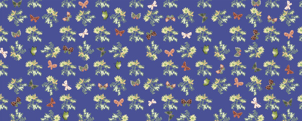 Seamless pattern with floral motif on a blue background. © Queen Dahe