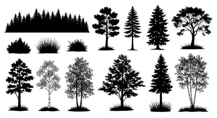 Fototapeta premium Silhouette Forest Trees and Bushes Collection Vector