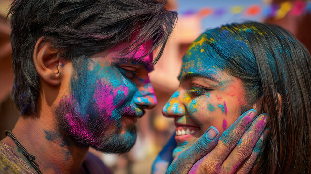 A romantic couple celebrating Dhulandi Holi Festival in Jaipur India with colorful powder on their faces and hands in a joyful and vibrant scene