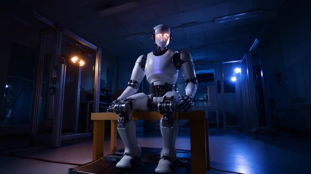 A futuristic humanoid robot sits silently on a platform, illuminated by soft blue lights in a modern research lab, showcasing advanced technology and design.