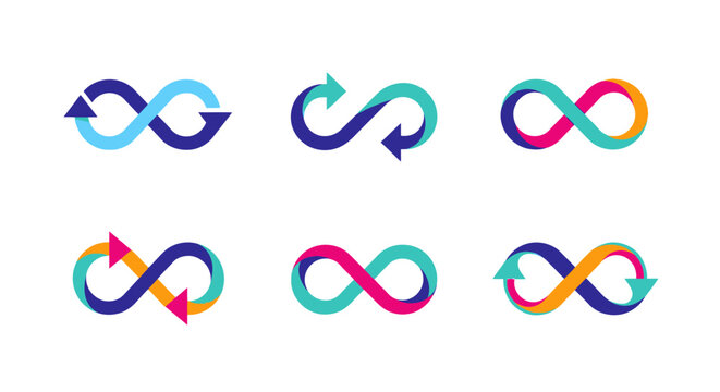 Colorful infinity loop symbols with arrows representing continuous cycle, endless connection, and perpetual motion