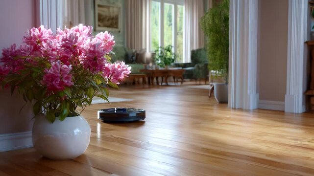 A modern robotic vacuum cleaner seamlessly navigating a beautifully designed interior space adorned with blooming flowers, showcasing both functionality and aesthetics.