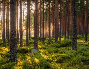 Obraz premium Tall trees bask in golden sunlight filtering through the forest canopy