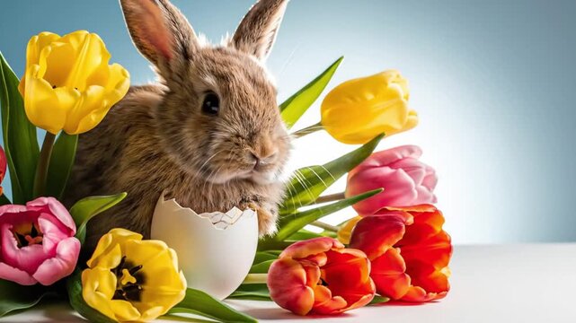 A cute Easter bunny sitting in an eggshell surrounded by colorful tulips in a video