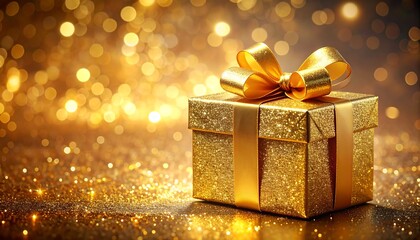 A golden, glittery gift box with a matching ribbon and bokeh background