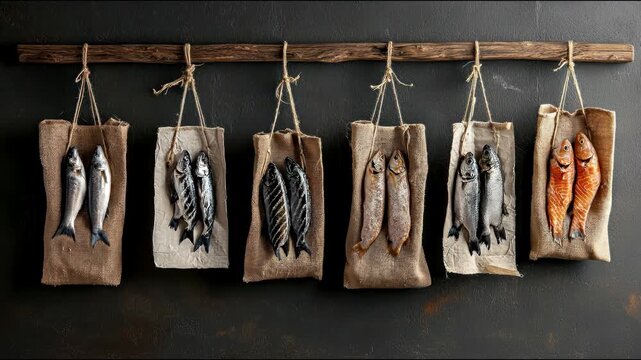 A row of jute-wrapped fish, suspended from a wooden beam with twine, presents a rustic, aesthetic composition against a dark textured background