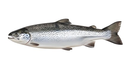 Obraz premium Large Whole Fresh Atlantic Salmon Fish with Silver Scales and Detailed Fins Isolated on a Pure White Background for Seafood Marketing, Gourmet Culinary Branding, and Healthy Nutrition Photography
