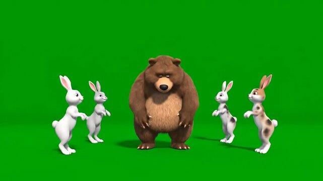 Funny bear and bunnies dancing together party concept 3D animation green screen